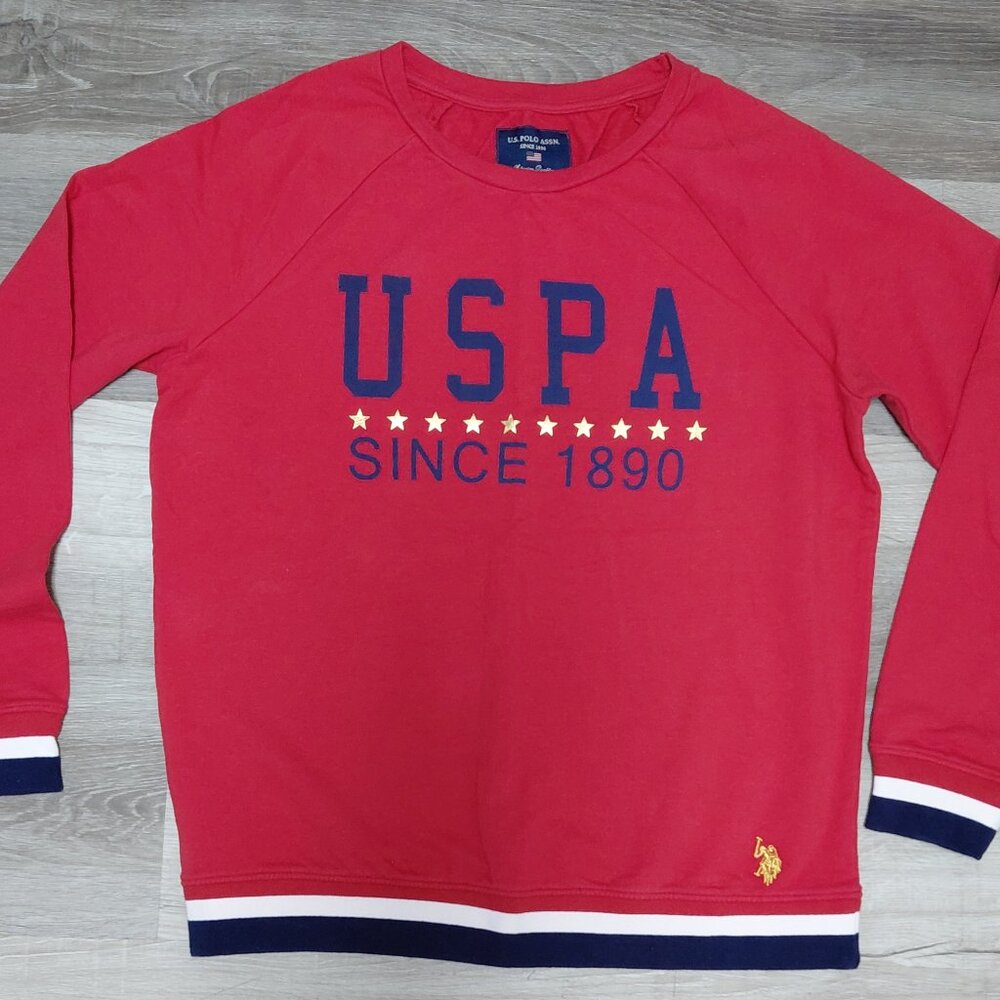 Red U.S. Polo Adult Large Striped Rib Crew Neckline Sweatwhirt